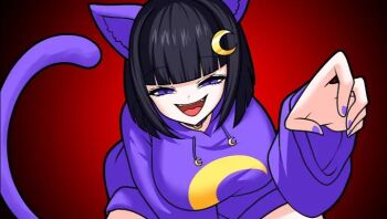 animal_ears black_background black_hair cat_ears catnap_(poppy_playtime) looking_at_viewer open_mouth purple_eyes purple_nails purple_sweater purple_tail red_background short_hair smile sweater yellow_sweater