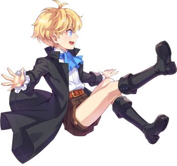 1boy antenna_hair artist_request ascot belt belt_buckle black_boots black_coat black_sleeves blonde_hair blue_ascot blue_eyes blush boots brown_belt brown_shorts buckle buttons child coat collared_coat collared_shirt dress_shirt frilled_sleeves frills gold_buckle gold_buttons high_collar knee_boots lapels male_focus midair nexon nocturne_de_vien official_art open_hands open_mouth profile second-party_source shirt short_hair shorts simple_background sleeve_cuffs solo tales_weaver tongue transparent_background white_shirt