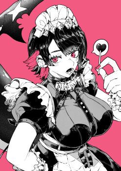 1girl absurdres black_hair breasts candy commentary_request ellen_joe fins fish_tail food greyscale greyscale_with_colored_background heart highres holding holding_candy holding_food holding_lollipop large_breasts lollipop maid monochrome multicolored_hair open_mouth pink_background pink_hair red_eyes shark_girl shark_tail sharp_teeth solo spoken_heart tail teeth two-tone_hair yotsumi_shiro zenless_zone_zero