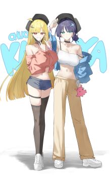 2girls adjusting_clothes adjusting_headwear ahoge akitaka_akita aqua_eyes aqua_nails arm_at_side arm_up bare_shoulders black_choker black_hat black_thighhighs blonde_hair blue_jacket bra_strap breasts camisole cellphone cho_kaguya-hime! choker cleavage clover_hair_ornament commentary_request copyright_name crop_top cropped_sweater fingernails four-leaf_clover_hair_ornament full_body grey_shorts grin hair_ornament hands_up hat heart heart_hair_ornament highres jacket jacket_partially_removed kaguya_(cho_kaguya-hime!) large_breasts long_hair long_sleeves mask mask_pull midriff mouth_mask multiple_girls nail_polish navel off-shoulder_sweater off_shoulder pants phone phone_in_pocket pink_choker pink_sweater purple_hair red_eyes sakayori_iroha shoes short_hair short_shorts shorts simple_background smartphone smile sneakers spaghetti_strap standing straight_hair strap_slip sweater thigh_strap thighhighs very_long_hair w white_background white_camisole white_shoes wide_sleeves yellow_pants