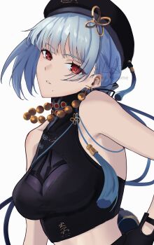 1girl absurdres artist_logo bare_shoulders bead_necklace beads beret black_hat black_shirt breasts commentary crop_top grey_hair hat highres jewelry logo looking_at_viewer maisurume medium_breasts mismatched_irises mole mole_under_mouth necklace pangu_terminal_(wuthering_waves) parted_lips red_eyes revision sanhua_(wuthering_waves) shirt short_hair solo tacet_mark_(wuthering_waves) turtleneck turtleneck_shirt upper_body wuthering_waves