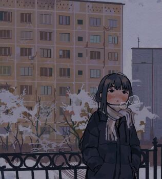 1girl :o ahoge blue_coat blue_hair blunt_bangs blush building check_copyright coat condenser_unit copyright_request dark_blue_hair fence hands_in_pockets io_(onisarashi) iron_fence long_sidelocks muted_color original outdoors parted_lips partially_unzipped radio_antenna sidelocks snow snow_on_tree solo breath sweater tareme upper_body winter winter_clothes winter_coat