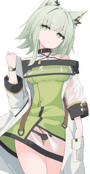 1girl absurdres animal_ear_fluff animal_ears arknights bare_shoulders black_panties blunt_bangs breasts bright_pupils cameltoe closed_mouth commentary_request cowboy_shot dress gluteal_fold green_dress green_eyes green_hair halter_dress halterneck hand_in_pocket head_tilt highres holding kal'tsit_(arknights) looking_at_viewer medium_breasts medium_hair off_shoulder panties partial_commentary see-through_clothes see-through_dress see-through_sleeves simple_background solo standing strap thigh_gap underwear watch white_background white_dress white_pupils wristwatch yuuko_(oruta)