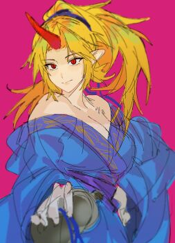 1girl absurdres bare_shoulders belt blonde_hair blue_kimono bottle breasts cleavage closed_mouth cowboy_shot floating_hair gourd hair_ornament hand_on_own_hip high_ponytail highres holding holding_bottle holding_gourd horns hoshiguma_yuugi hoshiguma_yuugi_(kimono) japanese_clothes kimono large_breasts long_hair long_sleeves looking_to_the_side off_shoulder official_alternate_costume official_alternate_hairstyle pink_background pointy_ears ponytail purple_belt quatro10257041 red_hair simple_background single_horn sketch smile solo standing touhou wide_sleeves