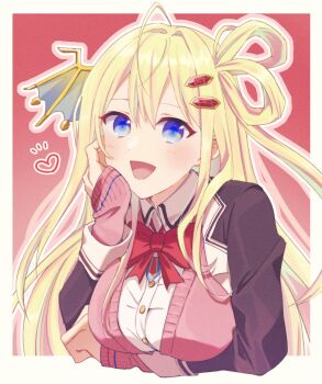 Rule 34 | 1girl, ahoge, battle spirits, blonde hair, blue eyes, border, bow, bowtie, breasts, brown jacket, commentary request, hair ornament, hair rings, head wings, heart, highres, jacket, long hair, looking at viewer, open clothes, open jacket, outside border, pink sweater vest, red bow, red bowtie, rei91322, rei ooba, shirt, solo, sweater vest, white border, white shirt, wings