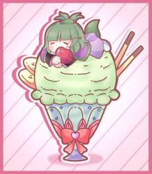Rule 34 | 1other, = =, adagumo no saragimaru, androgynous, aya (shiny vixen), black sleeves, blush stickers, capelet, cherry, chibi, closed eyes, commentary, food, fruit, green hair, green trim, hair ornament, ice cream, len&#039;en, long sleeves, lying, medium hair, mini person, on stomach, other focus, purple capelet, purple skirt, purple trim, skirt, snake hair ornament, snake tail, solo, split ponytail, symbol-only commentary, tail