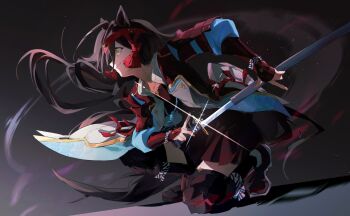 1girl ahoge animal_ears armor brown_hair commentary_request dark_background floating_hair glint headband highres holding holding_sword holding_weapon horse_ears horse_girl horse_tail jacket japanese_armor katana kote long_hair looking_ahead no_reason_(umamusume) on_one_knee open_clothes open_jacket pleated_skirt pom_pom_(clothes) profile puffy_sleeves red_footwear red_headband red_jacket red_shirt red_skirt sheath shirt shoulder_armor skirt smile sode solo sword tail thighhighs umamusume unsheathing very_long_hair weapon white_pom_poms yellow_eyes zizzu