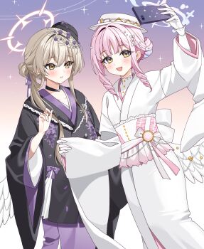 2girls angel_wings animal animal_on_shoulder bird bird_on_shoulder black_hat black_kimono blue_archive blush brown_hair cellphone collarbone commentary_request feathered_wings gloves hair_bun halo hat hayami_kaname highres holding holding_phone japanese_clothes kimono long_hair long_sleeves looking_at_another low_wings mika_(blue_archive) multiple_girls nagisa_(blue_archive) open_mouth parted_lips phone pink_hair pink_halo selfie sidelocks smartphone smile tea_party_(blue_archive) tilted_headwear variant_set white_gloves white_halo white_hat white_kimono white_wings wide_sleeves wing_ornament wings