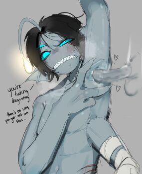 2boys absurdres anglerfish anglerfish_boy arm_up armpit_sex armpitjob armpits bandaged_arm bandages black_hair blue_scales blue_sclera blue_skin blush censored claws clenched_teeth colored_sclera colored_skin completely_nude disgust english_text erection extra_arms extra_eyes fingernails fins fish gills glowing hand_up head_fins heavy_breathing highres insult merfolk merman monster_boy multiple_boys navel nude parted_bangs penis player_character_(roblox) presenting_armpit pressure_(roblox) roblox sea_snake sebastian_solace sharp_fingernails sharp_teeth short_hair spread_armpit steaming_body sweat teeth testicles third_eye yaoi