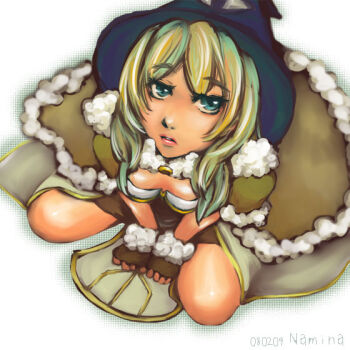 1girl artist_name blonde_hair blue_eyes blue_hat brown_cape brown_dress brown_gloves cape commentary_request dated dress expressionless eye_print from_above full_body fur-trimmed_cape fur-trimmed_gloves fur_trim gloves hat high_wizard_(ragnarok_online) lips long_hair looking_at_viewer namina_(ugetsu_kitsune) ragnarok_online seiza simple_background sitting solo white_background witch_hat