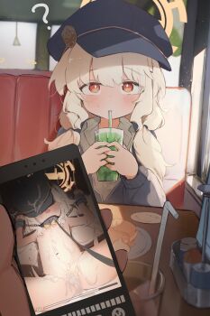 1boy 1girl ? aoba_(blue_archive) bdsm bendy_straw blindfold blonde_hair blue_archive blush bondage bondage_cuffs bound cellphone cellphone_photo collar covered_eyes cum cum_on_body cup drink drinking drinking_glass drinking_straw drinking_straw_in_mouth flat_chest food halo hat hetero holding holding_cup holding_phone jacket leash loli long_hair long_sleeves looking_at_viewer low_twintails navel nude open_mouth phone pov pov_across_table pov_hands red_eyes restaurant restrained shinkaiobake slave smartphone solo_focus twintails yellow_halo