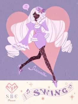 1girl ascot bow brooch citrusgummy dark-skinned_female dark_skin dress english_text fascinator fishnet_pantyhose fishnets frilled_ascot frilled_dress frills full_body gem glove_bow gloves hair_ornament hand_on_own_chin heart heart_background high_heels highres jacinthe_(pokemon) jewelry juliet_sleeves logo long_hair long_sleeves looking_at_viewer low_drills musical_note musical_staff nintendo one_eye_closed open_mouth pantyhose pokemon pokemon_legends:_z-a puffy_sleeves purple_dress purple_eyes purple_hair purple_shoes shoes smile solo spoken_musical_note teeth upper_teeth_only very_dark_skin walking white_gloves yellow_bow