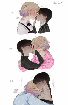 2girls bite_mark bite_mark_on_neck bite_mark_on_shoulder black_hair black_nails black_shirt blonde_hair blue_shirt blue_streaks braid commentary dark-skinned_female dark_skin english_commentary english_text enid_sinclair french_kiss heart heart_print highres hug kiss lopez_(ven0s7) multiple_girls pink_shirt pink_streaks shirt simple_background speech_bubble the_addams_family twin_braids wednesday_(netflix) wednesday_addams white_background white_shirt yuri