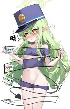 !? &gt;_&lt; 1girl absurdres alternate_costume bare_legs bare_shoulders black_tail blue_archive blue_hat blue_shirt blush breasts collarbone cowboy_shot cut-here_line demon_girl demon_tail embarrassed feet_out_of_frame flying_sweatdrops green_hair hair_between_eyes half-closed_eyes hands_up hat highres hikari_(blue_archive) kabedoru light_frown loli long_hair long_pointy_ears long_tail looking_at_viewer navel nose_blush off-shoulder_shirt off_shoulder open_mouth parted_lips peaked_cap pointy_ears scissors see-through_clothes shako_cap shirt short_eyebrows sidelocks simple_background small_breasts solo spoken_emoji spoken_expression standing sweat tail thighs triangle_mouth twitter_cutting_game twitter_strip_game v-shaped_eyebrows very_long_hair white_background