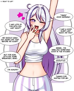 1girl aria_(sha_riac) bare_shoulders commentary english_commentary english_text highres honkai_(series) honkai_impact_3rd jewelry kiana_kaslana kiana_kaslana_(herrscher_of_finality) long_hair one_eye_closed pajamas purple_eyes purple_hair ring shirt sleeveless solo speech_bubble striped_clothes white_hair white_shirt