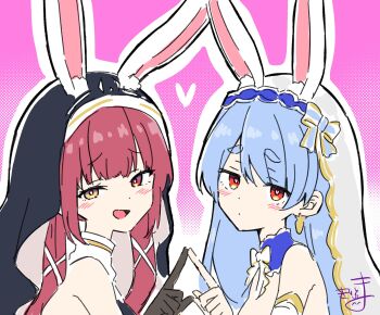 2girls :d absurdres animal_ear_fluff animal_ears bare_shoulders black_gloves blue_hair blush closed_mouth commentary_request ears_through_headwear fake_animal_ears gloves halftone halftone_background heart heart-shaped_pupils heterochromia highres hololive houshou_marine kiritoma long_hair multiple_girls open_mouth outline pink_background rabbit_ears red_eyes red_hair signature smile symbol-shaped_pupils upper_body usada_pekora usada_pekora_(usagi_the_megami) veil virtual_youtuber white_outline yellow_eyes