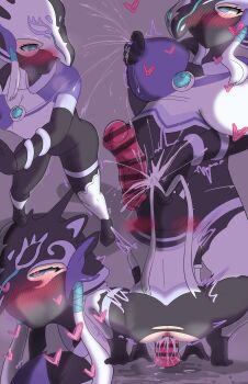 1girl absurdres animal_penis anus anus_peek armor artist_name artist_request ass ass_focus ass_grab black_bodysuit blue_eyes blush bodysuit breasts cleavage covered_eyes dildo dildo_riding female_ejaculation female_masturbation full_body grabbing_own_breast groping_breast heart heart-shaped_pupils helmet helmet_over_eyes highres horse horse_dildo horse_penis huge_dildo lactation lactation_through_clothes large_breasts long_hair mask mask_on_head mask_over_one_eye masturbation masturbation_through_clothes orgasm penis pussy pussy_juice sex_toy sidelocks squatting squatting_cowgirl_position swordsoul_(yu-gi-oh!) swordsoul_of_mo_ye symbol-shaped_pupils torn_bodysuit torn_clothes twintails white_hair