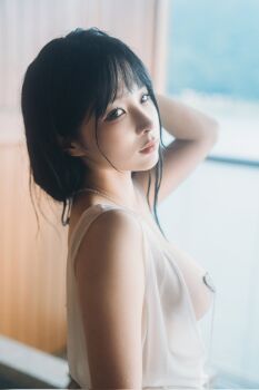 Rule 34 | 1girl, asian, black hair, breasts, brown eyes, chinese (nationality), chunmomo0127, closed mouth, heart pasties, highres, indoors, jewelry, long hair, looking at viewer, looking back, medium breasts, necklace, pasties, photo (medium), real life, shirt, silver heart pasties, silver pasties, smile, wet, wet clothes, wet hair, wet shirt