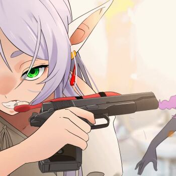 2girls animated aura_(sousou_no_frieren) aura_bullying_(meme) black_gloves blurry blurry_background brushing_teeth bullet clenched_teeth earrings elf firing frieren gloves green_eyes grey_hair gun handgun highres holding holding_gun holding_weapon jewelry khyle. long_hair looking_at_viewer looping_animation m1911 meme multiple_girls photo-referenced pink_hair pointy_ears solo_focus sousou_no_frieren tagme teeth toothbrush twintails video weapon