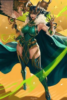 1boy 1girl absurdres artist_name black_hair black_lips breasts closed_mouth commentary dress dual_persona english_commentary fake_horns full_body gold_gloves green_dress green_eyes highres holding holding_staff horned_headwear horned_tiara horns lady_loki large_breasts loki_(marvel) long_hair looking_at_viewer marvel marvel_rivals rgate smile staff thor_(marvel)_(series) tiara