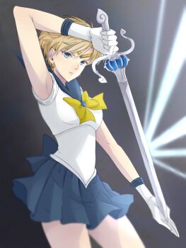 Rule 34 | 1girl, bishoujo senshi sailor moon, blonde hair, blue eyes, blue sailor collar, blue skirt, blurry, circlet, earrings, female focus, frown, gloves, hiki-wota, holding, holding sword, holding weapon, jewelry, miniskirt, pleated skirt, rapier, ribbon, sailor collar, sailor uranus, serious, short hair, skirt, solo, space sword, sword, ten'ou haruka, weapon, white gloves