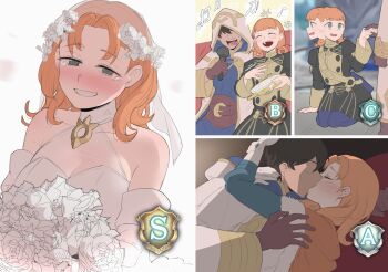 1boy 1girl absurdres alternate_costume annette_fantine_dominic annette_fantine_dominic_(timeskip) bouquet breasts bridal_veil bride brown_hair cleavage coat couple dress ebinku fire_emblem fire_emblem:_three_houses fire_emblem_heroes flower gameplay_mechanics garreg_mach_monastery_uniform grin highres holding holding_bouquet hood instrument kiran_(fire_emblem) kiss large_breasts male_kiran_(fire_emblem) microphone music nintendo no_eyes orange_hair singing smile tambourine tearing_up veil wedding_dress white_coat