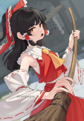 Rule 34 | 1girl, annoyed, armpits, artist name, black hair, bow, broom, brown eyes, detached sleeves, from side, hair bow, hakurei reimu, highres, holding, holding broom, jacket, kanpa (campagne 9), looking at viewer, nontraditional miko, red bow, red jacket, red skirt, shirt, shrine, skirt, solo, touhou, white shirt, white sleeves
