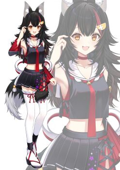 1girl :d absurdres animal_ears armpits bell black_hair black_serafuku black_shirt black_skirt black_sleeves choker commentary cropped_shirt cross-laced_slit detached_sleeves double-parted_bangs flipped_hair floral_print hair_between_eyes hair_ornament hairclip hand_up highres hololive jingle_bell kouhaku_nawa long_hair looking_at_viewer low-tied_long_hair mamdtsubu midriff miniskirt multicolored_hair neckerchief ookami_mio ookami_mio_(1st_costume) open_mouth pleated_skirt red_choker red_neckerchief red_streaks rope sailor_collar sandals school_uniform serafuku shimenawa shirt side_slit sidelocks skirt sleeveless sleeveless_shirt smile spiked_hair streaked_hair symbol-only_commentary tabi tail tail_around_own_leg thighhighs very_long_hair virtual_youtuber white_hair white_sailor_collar white_thighhighs wolf_ears wolf_girl wolf_tail yellow_eyes zoom_layer zouri