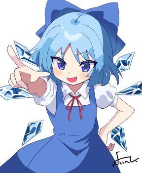 1girl :d arm_up blue_bow blue_dress blue_eyes blue_hair blush bow cirno collared_shirt commentary_request dress fang hair_bow hand_on_own_hip happy ice ice_wings index_finger_raised open_mouth pinafore_dress puffy_short_sleeves puffy_sleeves shirt short_hair short_sleeves simple_background skin_fang sleeveless sleeveless_dress smile solo touhou white_background white_shirt wings yoihebi