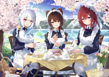 3girls :3 alternate_costume ange_katrina animal animal_ears animal_on_shoulder apron artist_name baguette banken_(inui_toko) basket black_dress blue_hair blue_nails blue_ribbon blue_sky blush bottle braid bread breasts brown_hair bug butterfly chair cherry_blossoms cherry_tree collared_dress commentary_request contrast_collar crossed_bangs cup day dog_ears dress enmaided eyelashes flower food framed_breasts frilled_apron frilled_hat frills group_picture hair_between_eyes hair_flower hair_ornament hair_over_shoulder hairpin hat heterochromia highres holding holding_cup holding_food holding_plate holding_teapot insect inui_toko juliet_sleeves lake lize_helesta long_bangs long_hair long_sleeves looking_at_viewer maid maid_apron maid_headdress medium_breasts medium_hair mob_cap multicolored_hair multicolored_nails multiple_girls multiple_hairpins nagori0127 nail_polish neck_ribbon nijisanji on_chair open_mouth orange_nails outdoors plant plate ponytail potted_plant puffy_long_sleeves puffy_sleeves purple_eyes red_eyes red_hair red_nails ribbon sanbaka_(nijisanji) sebastian_piyodore signature single_braid sitting sky sleeve_cuffs small_breasts smile table tablecloth tea teacup teapot tiered_tray two-tone_hair victorian_maid virtual_youtuber waist_apron white_apron white_hair white_hat white_headdress yellow_eyes yellow_nails
