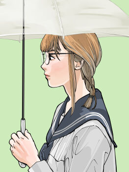 1girl absurdres braid brown_hair glasses green_background grey_sailor_collar highres holding holding_umbrella long_sleeves neckerchief original profile sailor_collar sakamoto_giulietta school_uniform serafuku simple_background umbrella upper_body white_umbrella