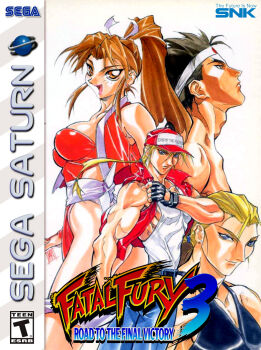 Rule 34 | 1girl, 3boys, andy bogard, blonde hair, breasts, brown hair, cleavage, fatal fury, fatal fury 3, game console, highres, joe higashi, looking at viewer, looking back, multiple boys, muscular, muscular arms, oobari masami, ponytail, sega saturn, shiranui mai, snk, terry bogard, third-party edit