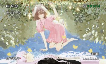 Rule 34 | 2girls, absurdres, all fours, animal ears, bare arms, bare legs, barefoot, black jacket, blazer, brown eyes, brown hair, bug, butterfly, carrot necklace, chinese commentary, closed eyes, closed mouth, collared jacket, colored eyelashes, commentary request, crossed bangs, dot nose, dress, feet out of frame, floppy ears, forest, frilled sleeves, frills, from side, full body, hair between eyes, hair spread out, hand on own stomach, highres, inaba tewi, insect, jacket, jewelry, kneeling, lapels, light blush, long sidelocks, looking at viewer, lying, medium hair, miaoliang01075, miniskirt, multiple girls, nature, necklace, on back, open clothes, open jacket, outdoors, pink dress, pleated dress, pleated skirt, pointy nose, puffy short sleeves, puffy sleeves, purple hair, purple skirt, rabbit ears, rabbit girl, rabbit tail, recording, reisen udongein inaba, ribbon-trimmed dress, ribbon-trimmed sleeves, ribbon trim, shirt, short dress, short sleeves, sidelocks, skirt, tail, touhou, translation request, white shirt, yellow butterfly