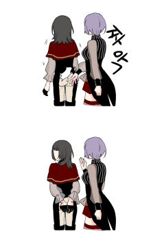 2girls ass_smack bang_dream! bang_dream!_it&#039;s_mygo!!!!! black_hair black_shirt capelet commentary from_behind hands_on_own_ass highres long_hair multiple_girls pants purple_hair red_capelet red_shorts shirt short_hair shorts sierit simple_background two-tone_pants white_background yahata_umiri yuutenji_nyamu