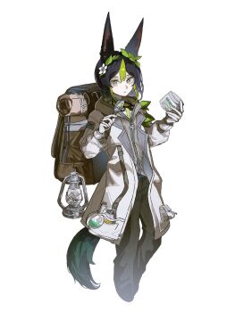 1boy animal_ear_fluff animal_ears backpack bag black_hair black_pants brown_bag closed_mouth coat commentary_request cropped_legs fox_boy fox_ears genshin_impact gloves goggles goggles_around_neck green_hair green_streaks grey_hood highres holding holding_magnifying_glass hood hood_down kerosene_lamp kitagawa_ti long_sleeves looking_at_viewer magnifying_glass male_focus multicolored_hair official_alternate_costume pants short_hair simple_background siphon solo tighnari_(genshin_impact) tighnari_(kiehls')_(genshin_impact) white_background white_gloves zipper zipper_pull_tab