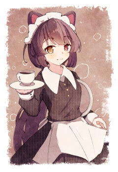 1girl :3 animal_ears apron armpit_hold black_dress blush border brown_background brown_hair closed_mouth coffee collared_dress commentary_request contrast_collar cowboy_shot cup dog_ears dress hand_up heterochromia highres holding holding_cup holding_saucer holding_tray inui_toko long_hair long_sleeves looking_at_viewer low_ponytail maid_headdress naranoashika nijisanji official_alternate_costume paper_texture ponytail red_eyes saucer sleeve_cuffs smile solo teacup tray very_long_hair virtual_youtuber waist_apron waitress white_apron white_border white_headdress yellow_eyes