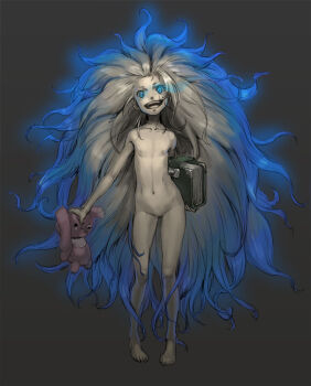 barefoot blue_eyes book chyko crazy crazy_eyes curly_hair dark flat_chest glowing glowing_eyes grin loli long_hair messy_hair smile solo staring stuffed_animal stuffed_toy very_long_hair