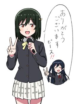 2girls :d ^_^ black_hair black_jacket blush blush_stickers bow closed_eyes collared_shirt commentary_request green_hair hair_bow hair_ornament highres jacket koizumi_moeka long_sleeves looking_at_viewer love_live! love_live!_nijigasaki_high_school_idol_club medium_hair mifune_shioriko miniskirt multiple_girls necchi neck_ribbon nijigasaki_school_uniform one_side_up open_mouth orange_eyes plaid_clothes plaid_skirt pleated_skirt red_ribbon ribbon school_uniform shirt single_blush_sticker skirt smile speech_bubble triangle_hair_ornament v v-shaped_eyebrows voice_actor_connection white_shirt white_skirt winter_uniform yellow_bow yellow_ribbon yuki_setsuna