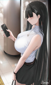 1girl absurdres alternate_costume bare_shoulders black_hair black_skirt blue_archive blunt_bangs blush bracelet breasts cellphone closed_mouth commentary_request from_above from_side hair_behind_ear hair_ornament hairclip highres holding holding_phone jewelry large_breasts long_hair miniskirt necklace phone pillar red_eyes rio_(blue_archive) shirt shirt_tucked_in skirt sleeveless sleeveless_shirt smartphone smile tile_floor tiles train_station turtleneck very_long_hair watch yamikyon