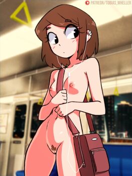 1girl bag between_breasts blush breasts brown_hair cleft_of_venus closed_mouth completely_nude cowboy_shot earclip earphones exhibitionism female_focus headphones inude nipples nude original patreon_username public_indecency public_nudity pussy short_hair shoulder_bag sidelocks small_breasts source_request strap_between_breasts thighs tobias_wheller train train_interior watermark web_address