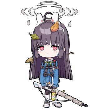 1girl ahoge black_gloves black_hair blue_archive blue_serafuku bolt_action bright_pupils chibi gloves green_neckerchief grey_halo gun halo holding holding_gun holding_weapon knee_pads leaf leaf_on_head leaf_print long_hair long_sleeves looking_at_viewer miyu_(blue_archive) mosin-nagant neckerchief one-take red_eyes rifle school_uniform serafuku single_knee_pad very_long_hair weapon