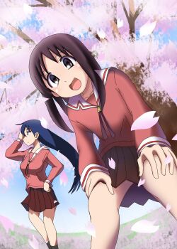 Rule 34 | 2girls, :d, adjusting hair, azumanga daioh's school uniform, azumanga daiou, blue sky, blush, breasts, brown eyes, brown hair, cherry blossoms, closed mouth, commentary, expressionless, falling petals, fisheye, floating hair, from below, from side, grass, hand on own hip, hand up, hands on own thighs, kasuga ayumu, large breasts, light blush, long hair, long sleeves, looking afar, looking ahead, looking at viewer, looking down, medium hair, morichan, multiple girls, neck ribbon, open mouth, outdoors, petals, pink petals, pink ribbon, pink serafuku, pink shirt, pink trim, pleated skirt, red skirt, ribbon, sailor collar, sakaki (azumanga daioh), school uniform, serafuku, shirt, skirt, sky, small breasts, smile, squatting, standing, tree, very long hair, white sailor collar, white trim, wind, winter uniform