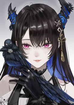 1girl absurdres asymmetrical_horns bare_shoulders bird black_hair black_horns blue_hair commentary crow dhbwinner english_commentary gradient_background grey_background highres hololive hololive_english horns mole mole_under_eye multicolored_hair nerissa_ravencroft nerissa_ravencroft_(1st_costume) purple_eyes simple_background two-tone_hair uneven_horns upper_body virtual_youtuber