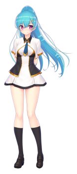 1girl aqua_hair arms_behind_back black_socks blue_hair blush breasts closed_mouth dress full_body fuyunagi_tsubasa game_asset hair_ornament hairclip high_ponytail kneehighs large_variant_set light_smile loafers long_hair looking_at_viewer necktie non-web_source official_art pink_eyes ponytail red_eyes saitou_natsuki self-datamine shinsou_kenki_arch_saver shoes short_dress short_sleeves simple_background smile socks solo standing tachi-e transparent_background variant_set white_dress