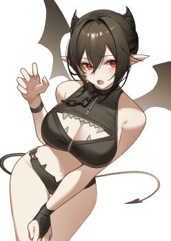 1girl :o alternate_costume arknights bare_shoulders bat_panties black_panties black_wings bracelet breasts cleavage cleavage_cutout clothing_cutout commentary cowboy_shot crop_top entelechia_(arknights) fang hair_between_eyes hair_horns halloween_costume hand_up heart heart_tail highres jewelry large_breasts looking_at_viewer medium_hair mole mole_under_eye open_mouth panties paszuto pointy_ears red_eyes sidelocks simple_background sleeveless solo star-shaped_pupils star_(symbol) symbol-shaped_pupils tail underwear white_background wings