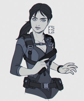 Rule 34 | 1girl, artist name, bodysuit, breasts, cleavage, diving suit, grey background, gun, handgun, highres, holding, holding gun, holding weapon, jill valentine, long hair, looking at viewer, low ponytail, pon4ra-arts, ponytail, resident evil, resident evil: revelations, signature, simple background, weapon, wetsuit