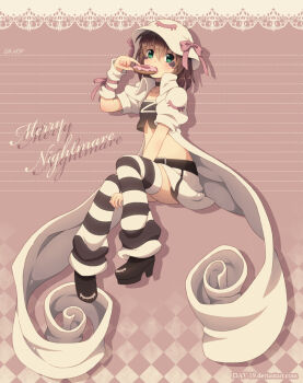 Rule 34 | 1girl, arm up, arm warmers, black boots, black tube top, boots, brown hair, character name, commentary, dav-19, donut, drop shadow, eating, food, green eyes, hat, holding, holding donut, holding food, invisible chair, jacket, lace, leg warmers, looking at viewer, merry nightmare, midriff, neapolitan palette, open clothes, open jacket, pink ribbon, ribbon, short hair, sitting, skirt, solo, strapless, striped leg warmers, thighhighs, tube top, white arm warmers, white jacket, white skirt, yumekui merry, zettai ryouiki