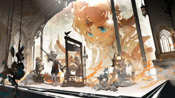 2boys 2others 3girls absurdly_long_hair absurdres aerial_fireworks ambiguous_gender axe bare_shoulders black_jacket black_suit blazer blonde_hair blue_eyes blue_flower bouquet castle chain china_dress chinese_clothes chinese_commentary circlet closed_eyes collared_dress colored_eyelashes commentary_request doll doll_house dress execution eyelashes fire fireworks flower formal_clothes gold_circlet guillotine hair_ornament high_collar highres holding holding_axe holding_bouquet jacket kneeling knight lantern light_blush light_particles long_hair low_twintails mandarin_collar mini_person miniboy minigirl moruki multiple_boys multiple_girls multiple_others night night_sky open_clothes open_jacket open_mouth original outdoors palms parted_bangs praying sad short_hair size_difference sky sleeveless sleeveless_dress socks suit tareme teeth twintails vase very_long_hair watermark weibo_watermark white_dress white_socks window wing_hair_ornament