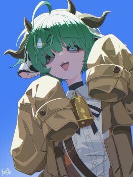 1girl absurdres ahoge animal_ear_fluff animal_ears bell black_ribbon black_sclera blue_background bottle_hair_ornament brown_jacket collared_shirt colored_sclera commentary cow_ears cow_girl cow_horns cowbell crelly_(vtuber) english_commentary eyelashes fangs frilled_shirt frills green_hair grey_sclera hair_ornament hairclip heterochromia highres horns indie_virtual_youtuber jacket long_sleeves mole mole_under_mouth neck_bell neck_ribbon official_alternate_hair_length official_alternate_hairstyle open_clothes open_jacket open_mouth red_eyes ribbon shirt short_hair signature sleeves_past_fingers sleeves_past_wrists smile solo teeth upper_body upper_teeth_only very_short_hair virtual_youtuber white_eyes white_shirt xarakura_xara