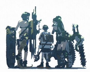 1boy 2girls arknights backless_outfit backless_shirt backpack bag black_hair black_shoes black_shorts brown_bag chainsaw commentary commentary_request eunectes_(arknights) facing_away gavial_(arknights) gavial_the_invincible_(arknights) green_hair grey_socks haruta_(hrtco) holding holding_shield leaning_forward material_growth minimalist_(arknights) multiple_girls oripathy_lesion_(arknights) ponytail sandals shadow shield shirt shoes short_hair short_sleeves shorts simple_background snake_girl snake_tail socks staff symbol-only_commentary tail white_background white_shirt